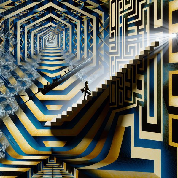 Escher-achtige onmogelijke trap voor sterke ontkenning in Nederlands leren Surrealistische trap in de stijl van M.C. Escher met een persoon die eindeloos naar beneden loopt zonder ooit de bodem te bereiken, symboliserend voor 'in geen geval' of 'absoluut niet'