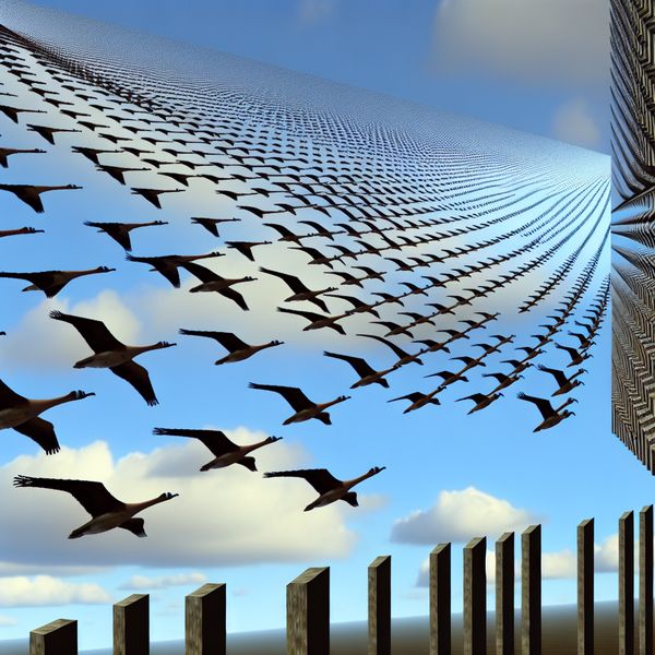 Surrealistische tekening in de stijl van M.C. Escher met een geometrische rij vogels die in perfecte lijn naar de horizon vliegen, illustrerend het concept 'rij' in de betekenis van een reeks objecten op een rij