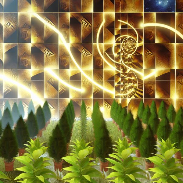 Afstand tussen objecten in Escher-achtige geometrische tuin voor taalonderwijs Surrealistische tuin in M.C. Escher-stijl met geometrisch precieze afstand tussen planten, verlicht door gouden lijnen