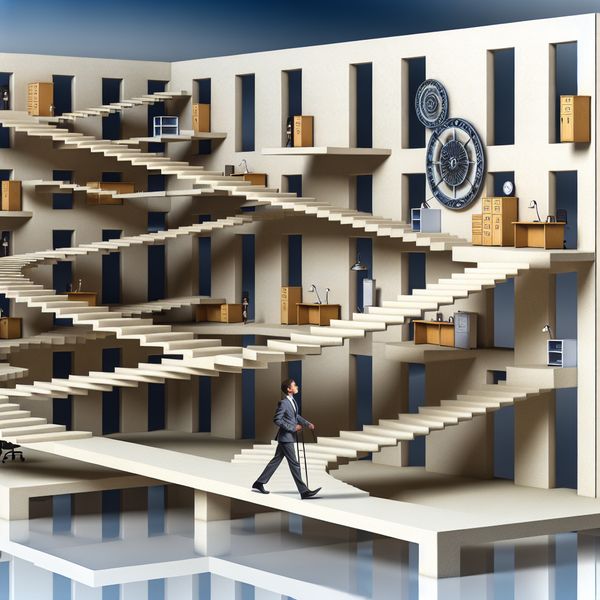 Surrealistisch kantoorleven: persoon als radertje in de bedrijfsmachine - Escher stijl baan en werk visualisatie Surrealistische Escher-achtige voorstelling van een persoon als essentieel onderdeel van een complexe bedrijfsmachine, symboliserend langdurige dienstverband en toewijding aan werk