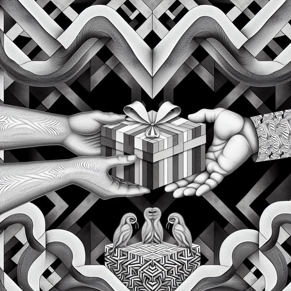 Twee handen wisselen een mooi ingepakt cadeau uit in een surrealistisch kunstwerk met geometrische patronen en optische illusies in de stijl van M.C. Escher