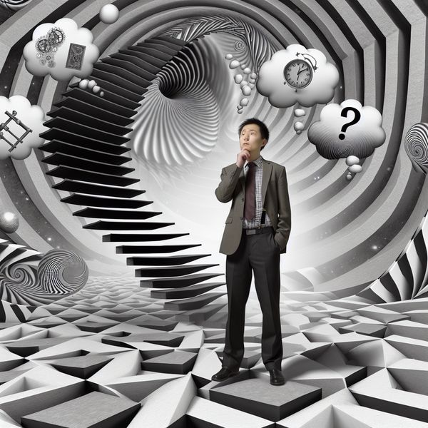 Persoon in diepe gedachten verzonken bij een onmogelijke trap in Escher-stijl, omringd door zwevende gedachtebubbels met abstracte symbolen zoals een vraagteken en puzzelstukje