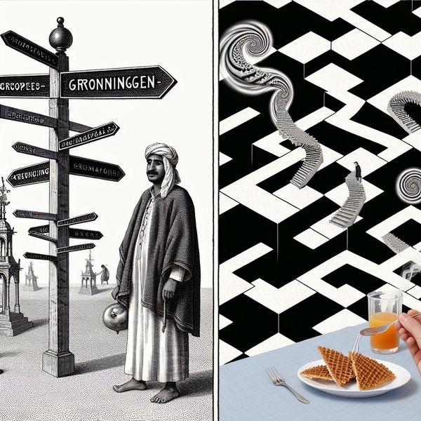 Optische illusie ervaringen vragen - Surrealistisch leren Nederlands met Escher-stijl Surrealistische optische illusie in de stijl van M.C. Escher met een persoon bij een kruispunt en een tafel met stroopwafels, symboliserend vragen over levenservaringen