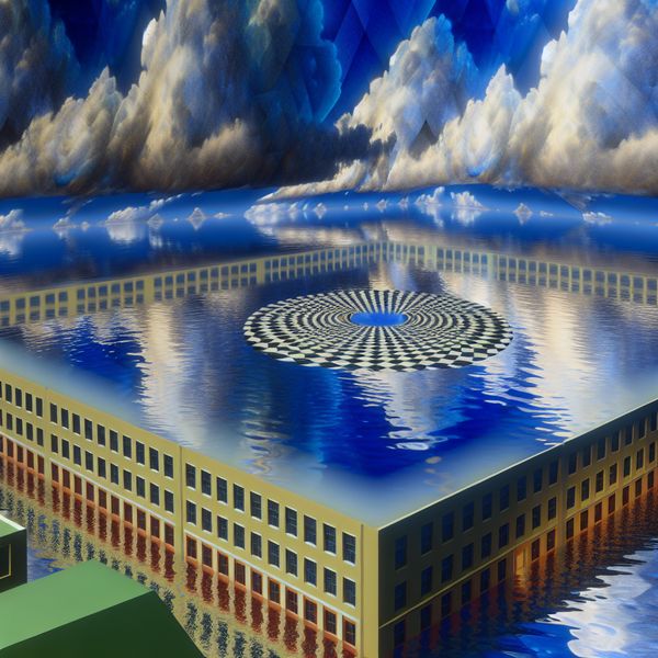 Optische illusie van een enorme hoeveelheid water op straat in Escher-stijl Surrealistisch tafereel van een onmogelijk groot meer op een stadstraat, geïnspireerd op M.C. Escher, met een spiegelende wateroppervlakte die gebouwen en lucht in geometrische patronen weerkaatst