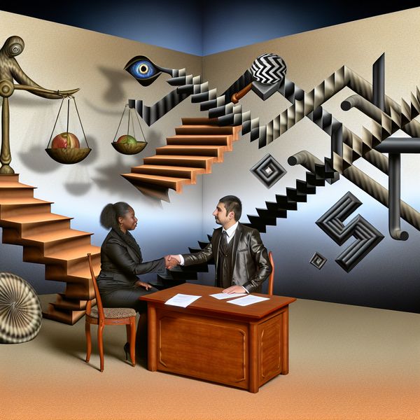 Surrealistische voorstelling van een juridische overeenkomst met twee partijen die elkaar de hand schudden aan een tafel met zwevende documenten en een onmogelijke trap die overgaat in een weegschaal, geïnspireerd op M.C. Escher