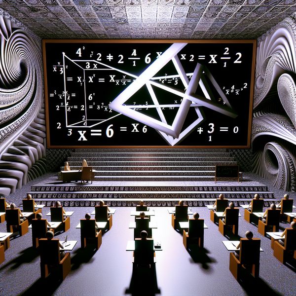 Kwadratische vergelijking in surrealistische Escher-stijl wiskundeles Surrealistische wiskundeles in Escher-stijl met een zwevende kwadratische vergelijking x² + 5x + 6 = 0 op een schoolbord, omringd door optische illusies en tessellaties van gefascineerde studenten