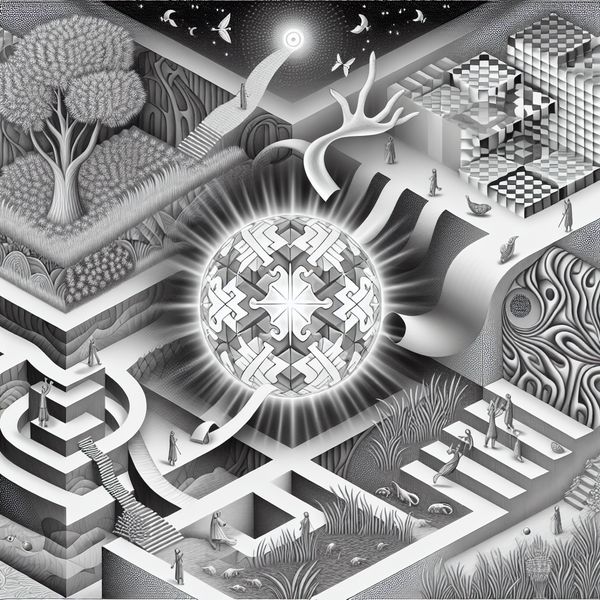 Surrealistische weergave van een milieukwestie in Escher-stijl met optische illusies Surrealistische M.C. Escher-achtige voorstelling van een complexe, geometrische wereld waarin natuur en architectuur samensmelten rond een gloeiende kwestie, met figuren in discussie over milieukwesties