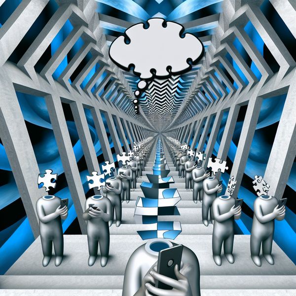 Surrealistische trap in Escher-stijl met faceless figuren die telefoons vasthouden en scherpe, glasscherf-achtige opmerkingen maken, symboliserend gedachteloze beledigingen zoals 'idioot'