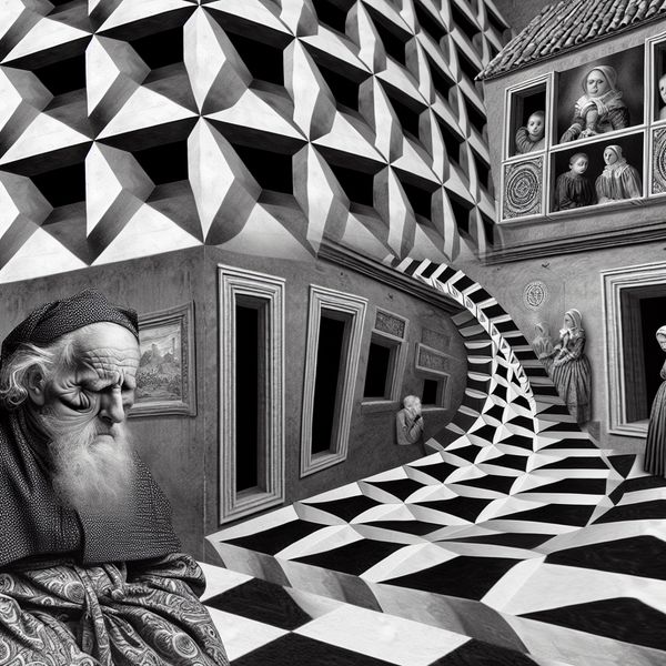 Surrealistisch kunstwerk overlijden en nalatenschap in Escher-stijl Surrealistische tekening in de stijl van M.C. Escher van een overleden man die vervaagt in geometrische patronen, met een onmogelijke trap die naar een rouwende familie en een boerderij leidt, symboliserend nalatenschap en verlies