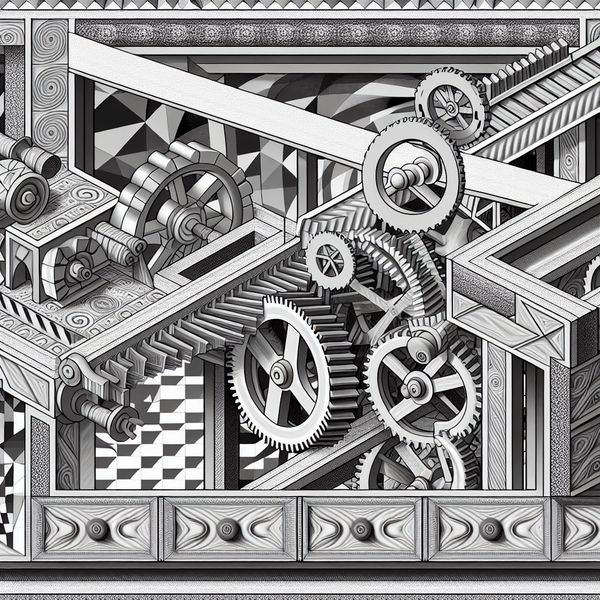 Regelmechanisme in Escher-stijl: besturing van een lopende band met optische illusies Surrealistisch mechanisme in Escher-stijl dat een lopende band regelt met tandwielen en optische illusies