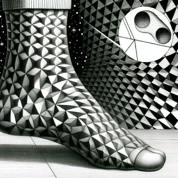 Surrealistische illustratie van een sok met gat bij de tenen in M.C. Escher-stijl, met optische illusies en geometrische patronen