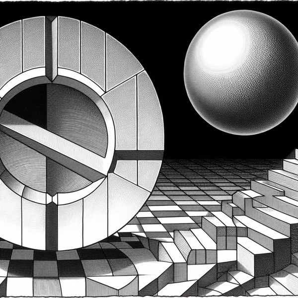 Wiskundige straal van cirkel en bol - Escher-stijl meetkunde illustratie Surrealistische meetkundige illustratie in de stijl van M.C. Escher met een cirkel en bol, beide met een gemarkeerde straal 'r' voor wiskundeonderwijs
