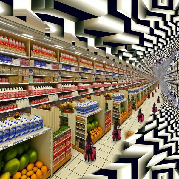 Surrealistische supermarktgang geïnspireerd op M.C. Escher met optische illusies en een eindeloze lus van boodschappen doen