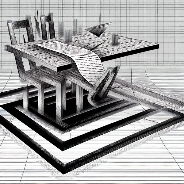 Optische illusie met vies stoeltje en krant bovenop tafel in Escher-stijl Surrealistische tekening in de stijl van M.C. Escher met een vies stoeltje en een tafel waarop een krant bovenop ligt, in een onmogelijke constructie met optische illusies