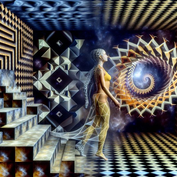 Symbolische transformatie en wedergeboorte in Escher-stijl met geometrische patronen Surrealistische metamorfose van een persoon van oude, gefragmenteerde zelf naar vernieuwde, gehele identiteit in de stijl van M.C. Escher met geometrische patronen en optische illusies