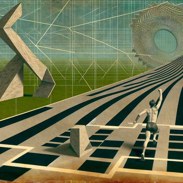 Een surrealistische afbeelding in Escher-stijl van een hardloper die als tweede de finishlijn overschrijdt op een Mobius-racetrack.