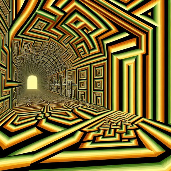 Surrealistische begroeting in Escher-stijl: Welkom thuis in Nederland Surrealistisch kunstwerk in de stijl van M.C. Escher met een warme begroeting door een geometrische deur, waarin optische illusies en een uitnodigend pad naar een gezellig huis of land te zien zijn met de tekst 'Welkom thuis, schat!'