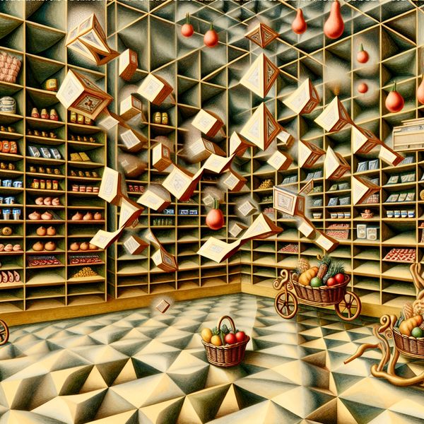 Optische illusie winkel: Escher-achtige producten en geometrische boodschappen Surrealistische supermarkt geïnspireerd op M.C. Escher met geometrische, onmogelijke producten zoals zwevende, verstrengelde groenten en fruit in optische illusies