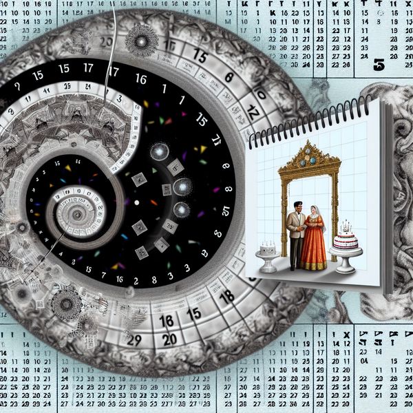 Betekenisvolle datum in optische illusie - Escher-achtige trap met jubileumscène Surrealistische trap in de stijl van M.C. Escher, waarbij elke trede een datum voorstelt en leidt naar een deur met de datum 15 mei, waarachter een trouwjubileum wordt gevierd