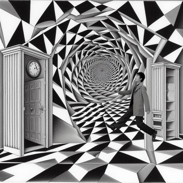 Surrealistische tekening in de stijl van M.C. Escher van een persoon die vertrekt via een oneindige trap en deur, symboliserend het woord 'vertrekken'