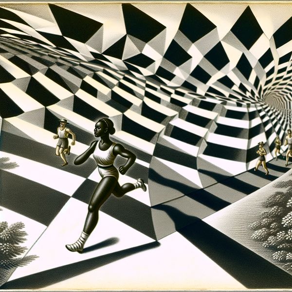 Surrealistische marathon scène geïnspireerd door M.C. Escher, met de derde loper in beweging bij de finishlijn.