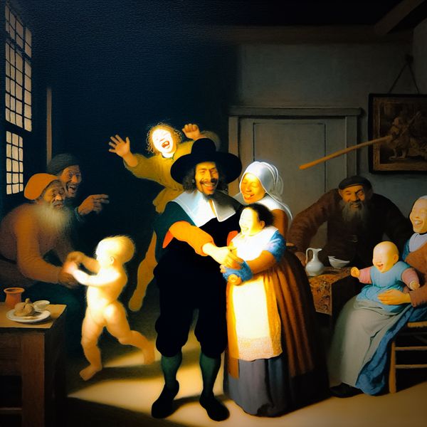 Essentie van familie: levendig 17e-eeuws Hollands familieportret in Frans Hals-stijl 17e-eeuws Hollands familieportret in levendige stijl met blije gezichten en warme interacties, essentie van familiebanden
