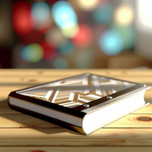 Een boek met een moderne en aantrekkelijke kaft op een houten tafel, omringd door kleurrijke abstracte vormen.