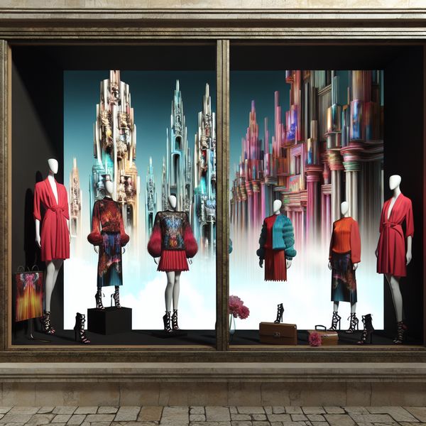 Modieuze etalagepresentatie met surrealistisch stadslandschap Hyperrealistische etalage van een modeboetiek met de nieuwste modecollectie en surrealistisch stadslandschap op de achtergrond