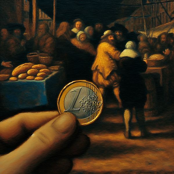 Hand houdt een glanzende euro munt vast bij een 17e-eeuwse Nederlandse marktkraam met brood geprijsd op €2,50