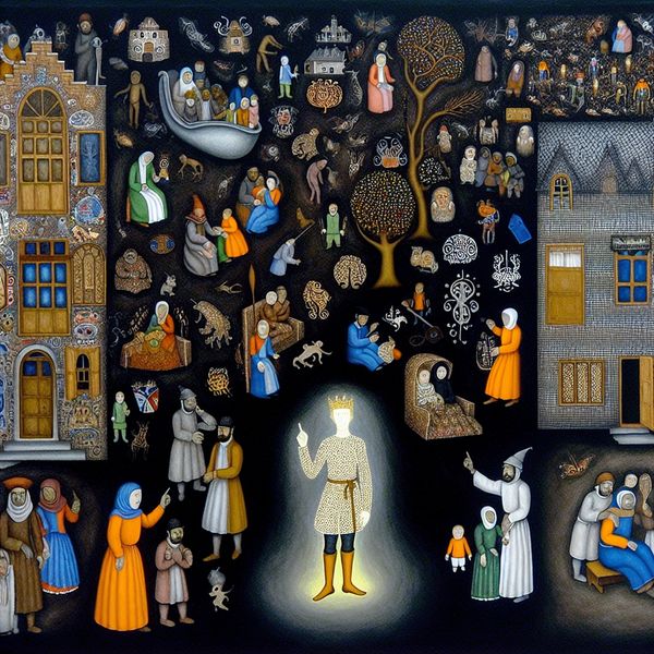 Diversiteit en afkomst: surrealistische voorstelling van Europese identiteit in een multiculturele samenleving Surrealistisch tafereel in de stijl van Hieronymus Bosch met een diverse buurt waar mensen van verschillende afkomsten harmonieus samenleven, met een persoon met een lichte huidskleur in historische Europese kleding als centraal figuur