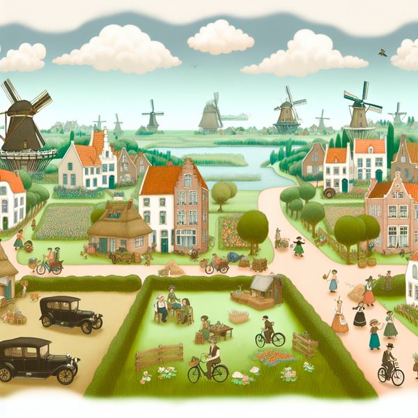 Illustratie van een klein Europees land met charmante huizen, molens en groene velden, waarin dorpsbewoners dagelijkse activiteiten uitvoeren.