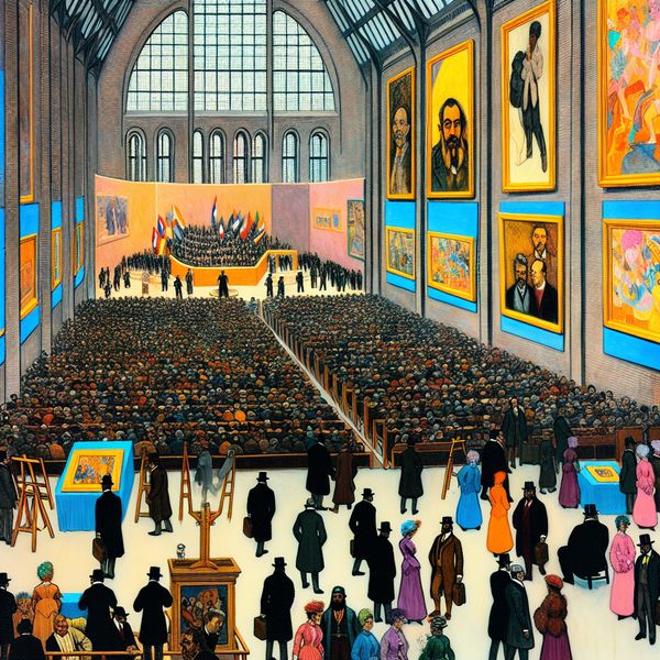 Drukke evenementhal met kunstexpositie en conferentie Drukke evenementhal met een diverse groep mensen, conferentie podium en een kunsttentoonstelling