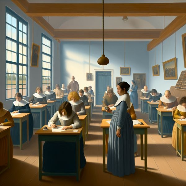 Groep studenten die geconcentreerd een examen maken in een serene klaslokaal, met een leraar die toezicht houdt.