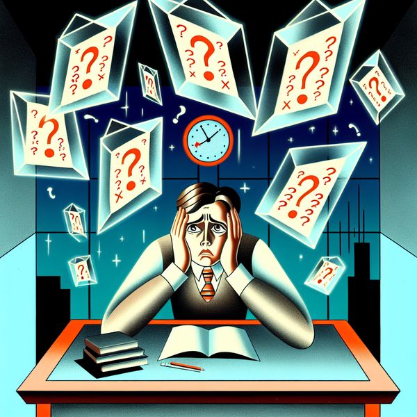 Jonge man met bezorgde blik aan bureau omringd door zwevende examenpapieren met fouten, symboliserend faalangst en examenstress