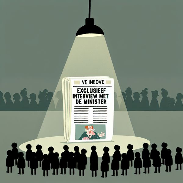 Exclusief interview met minister - uniek nieuws in minimalistische stijl Minimalistische illustratie van een krant met exclusief interview met de minister, omringd door een schaduwrijke menigte die ernaar reikt, symboliserend uniek en exclusief nieuws