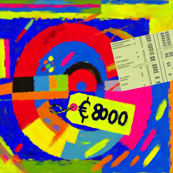 Exclusief prijs betekenis: wat zit er niet inbegrepen in de kosten? Abstracte voorstelling van een laptop met prijskaartje van 800 euro exclusief bijkomende kosten zoals BTW, in expressieve stijl van Karel Appel
