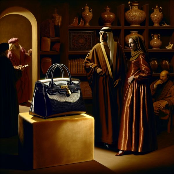 Exclusieve luxe boetiek met handtas in Rembrandt-stijl schilderij Elegant stel bewondert een exclusieve glanzende handtas in een luxueuze boetiek met dramatische belichting in Rembrandt-stijl