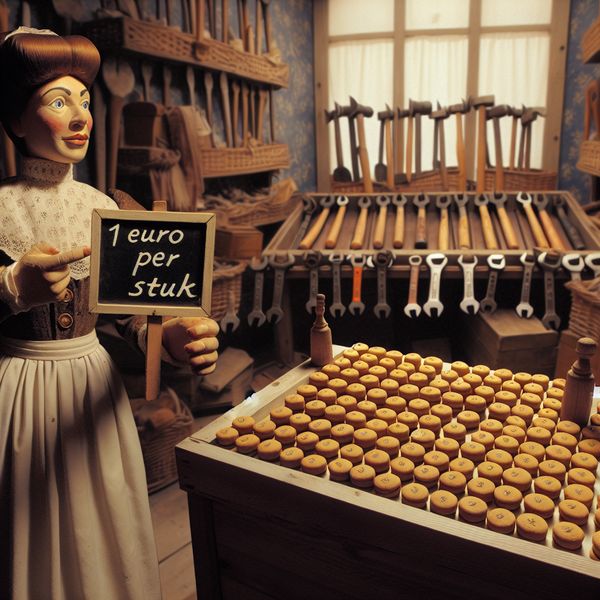 Vintage marktkraam met koekjes van 1 euro per exemplaar en bundel gereedschap van 10 stuks, in nostalgische Anton Pieck-stijl