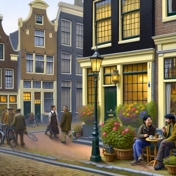 Vriendelijke gesprekken tussen expats in Amsterdamse buurt Een diverse groep expats in Amsterdam praat buiten een café met kleurrijke bloemen op een rustige straat.