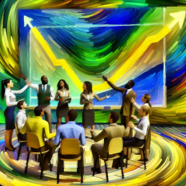 Experts Bespreken Economische Groei in Stijl van Van Gogh Een diverse groep experts bespreekt een kleurrijke grafiek op de muur die een stijgende economische trend laat zien.