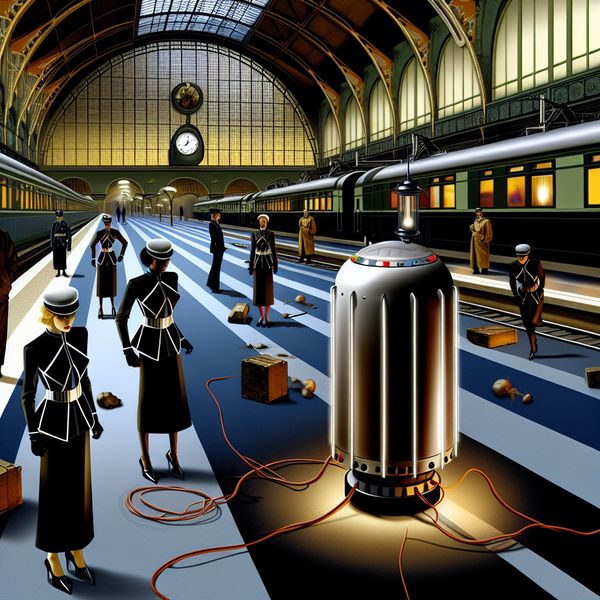 Illustratie van een verdacht explosief met timer op een retro-futuristisch treinstation, omringd door politieagenten die voorzichtig naderen