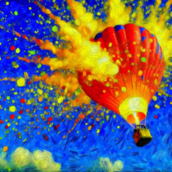 Explosion of a Colorful Hot Air Balloon in the Sky Een kleurrijke luchtballon explodeert in de lucht met fragmenten die door de lucht verspreiden, tegen een levendige blauwe lucht
