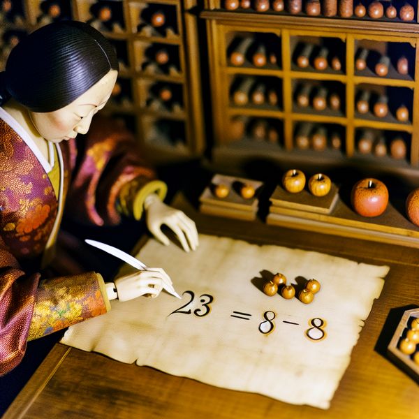 Uitleg exponenten: 2 tot de macht 3 is 8 in historische wiskundige setting 17e-eeuwse geleerde schrijft de wiskundige vergelijking 2 tot de macht 3 is 8 op perkament, met visuele voorbeelden van herhaalde vermenigvuldiging