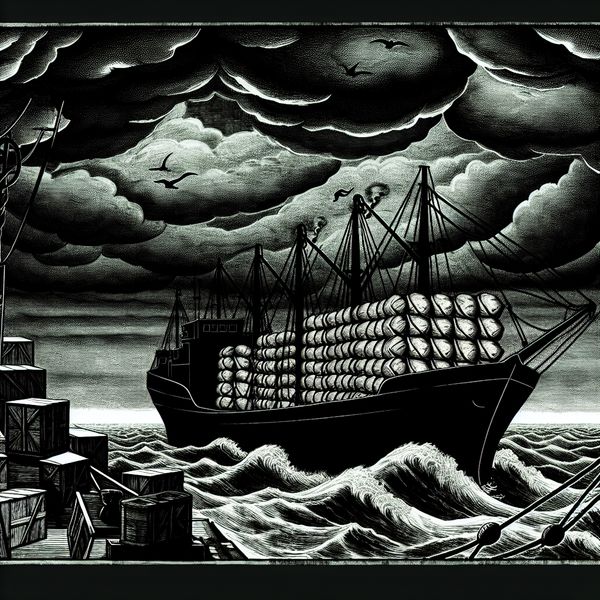 Export van aardappels naar Duitsland Illustratie van een vintage vrachtboot met aardappels onderweg naar Duitsland, met schaduwen op woelige golven onder een bewolkte lucht.