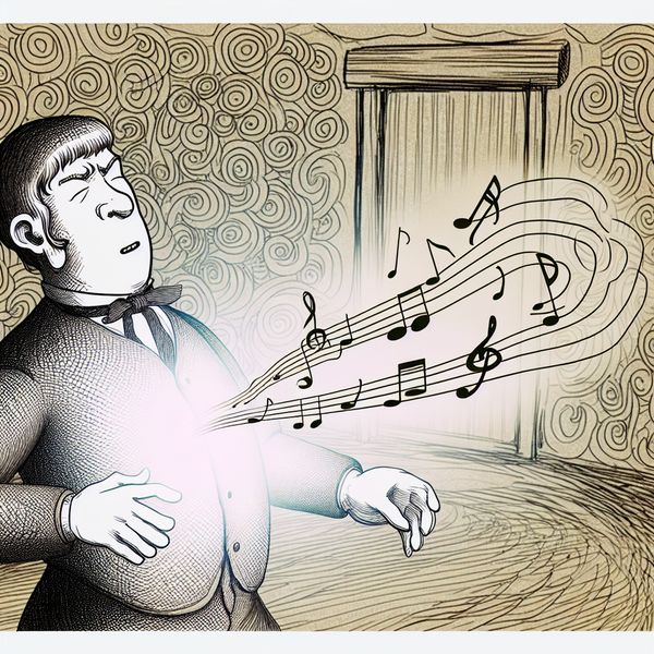 Kartonnen figuur met expressief gezicht en houding die diepe innerlijke emoties uitstraalt in een warme, gezellige kamer met zwevende muzieknoten en zielssymbolen