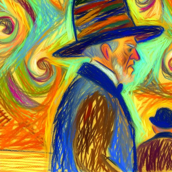 Abstracte illustratie van een oudere man met een klassieke hoed met brede rand, geschilderd in expressieve stijl met felle kleuren en dynamische penseelstreken