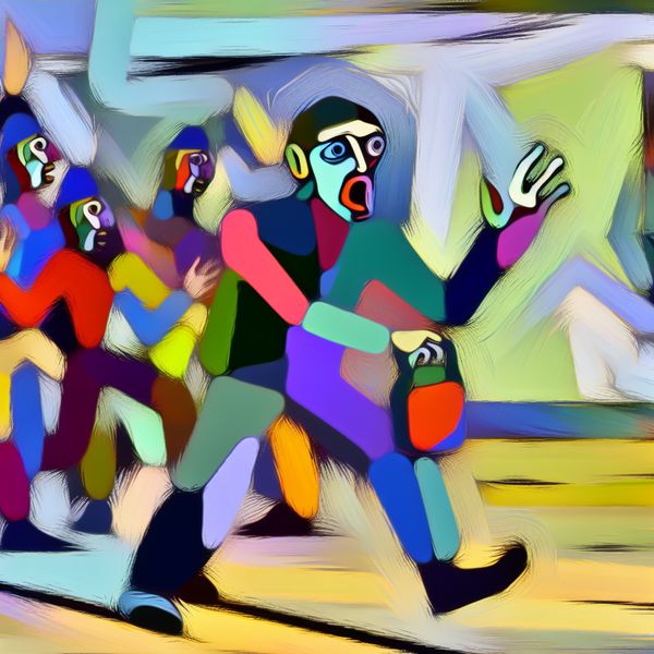 Expressieve Abstracte Kunst: Nervositeit in een Drukke Scene Vibrant abstract scene met nerveuze karakter in drukke omgeving
