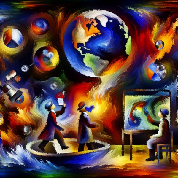 Abstracte voorstelling van wetenschappers in een dynamisch laboratorium die klimaatonderzoek doen, in expressieve stijl met felle kleuren en dikke penseelstreken