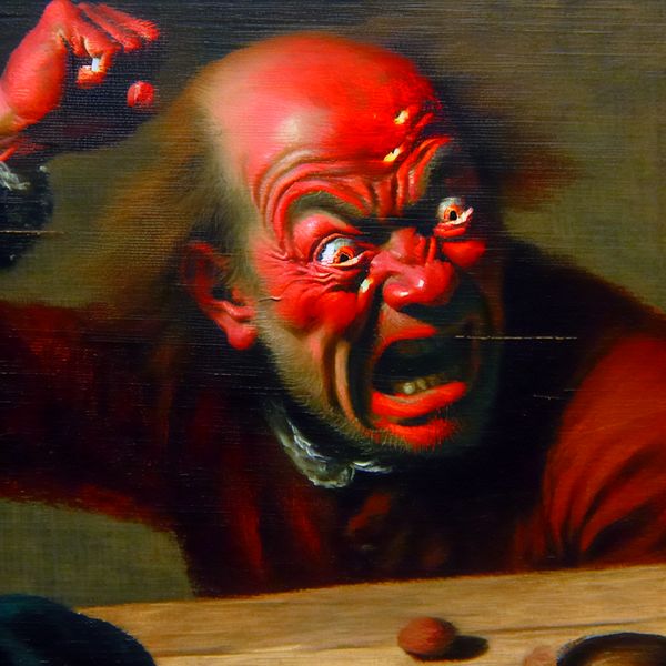 Expressief portret van een woedende persoon met rode gelaatskleur en opgeheven vuist, geschilderd in de stijl van Frans Hals