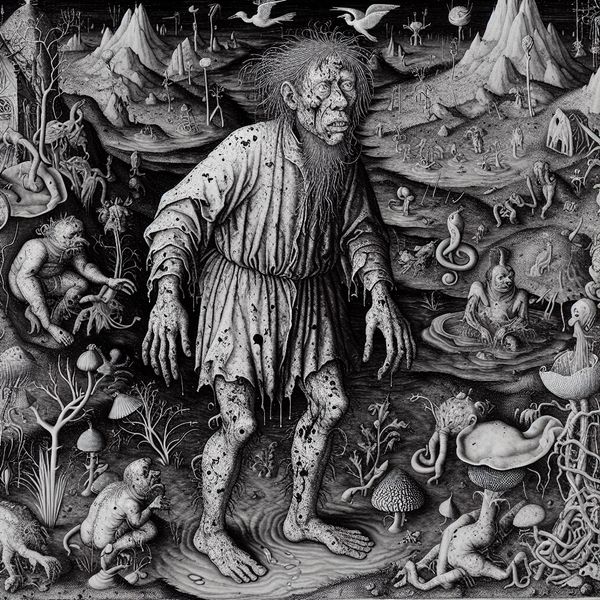 Surrealistisch tafereel van een extreem vieze persoon bedekt met modder en vuil, omringd door bizarre wezens en verwrongen planten in een chaotische tuin
